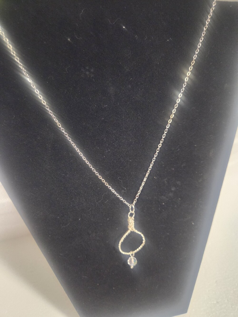 Handcrafted Delicate Silver Wire Loop Pendant Necklace with Crystal Accent